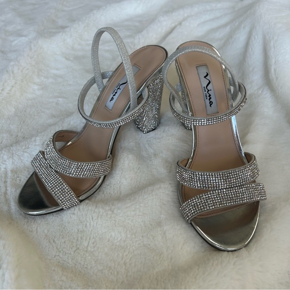 NINA Sarah Rhinestone Block Heel Sandal in Silver - Picture 1 of 6